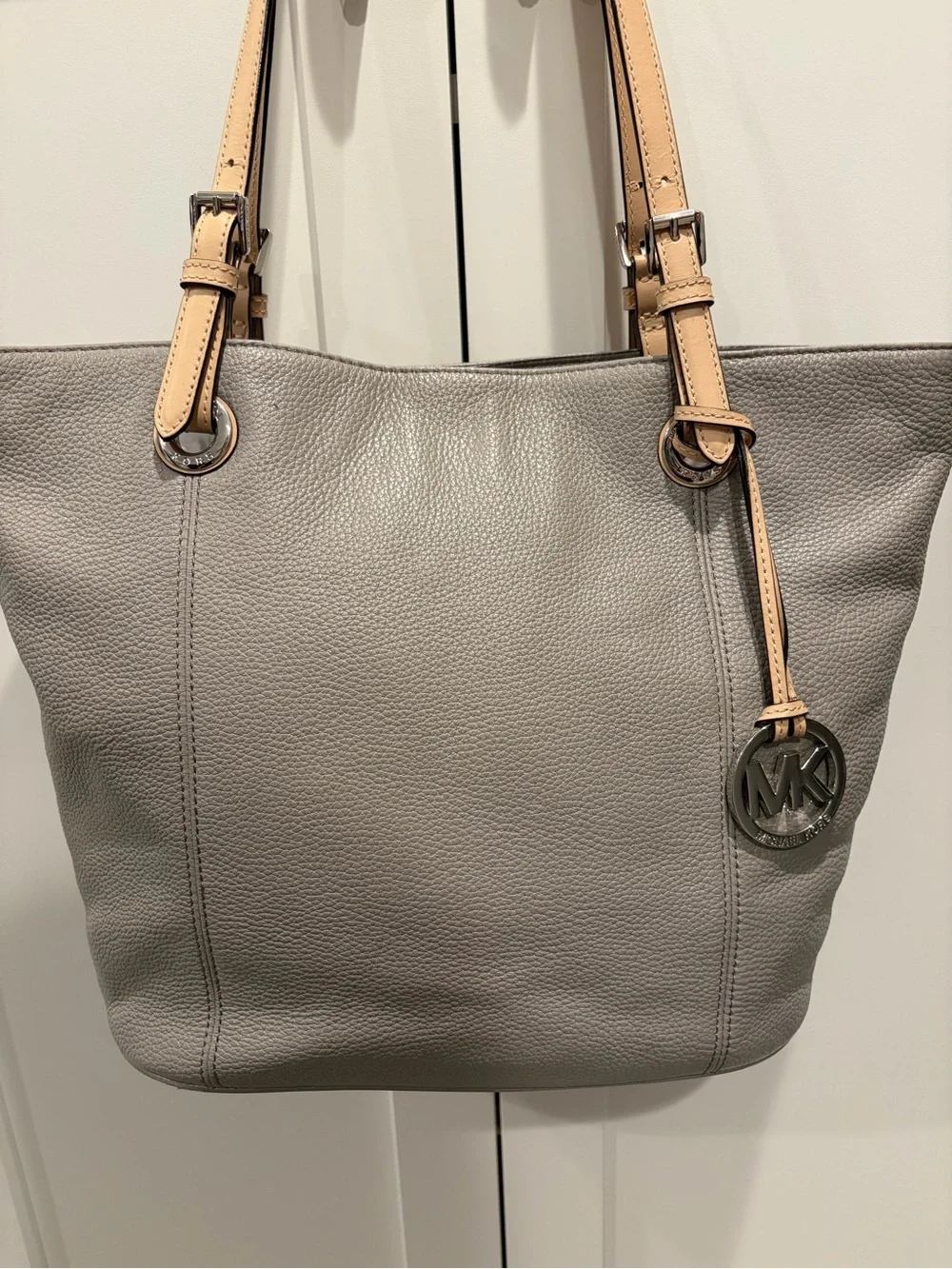 Michael Kors Gray Pebbled Leather Tote with Tan Straps
